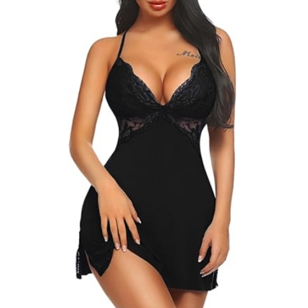 Nightie Lingerie Lace Chemise Sleepwear Babydoll Teddy Nighty Dull Black
